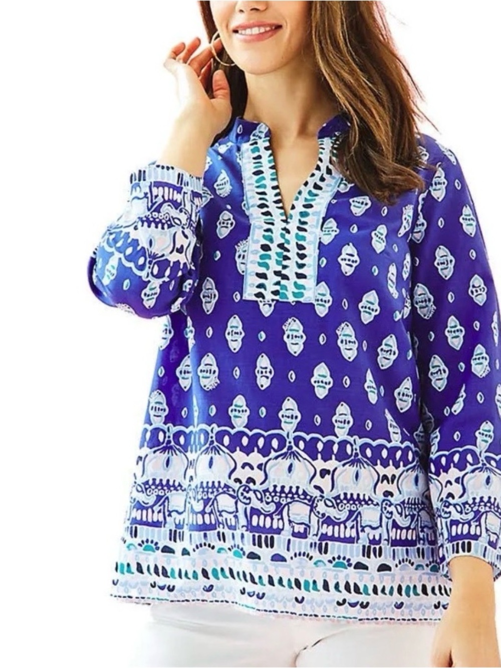 Lilly Pulitzer Blue Printed Asani Tunic V Neck Women's Large